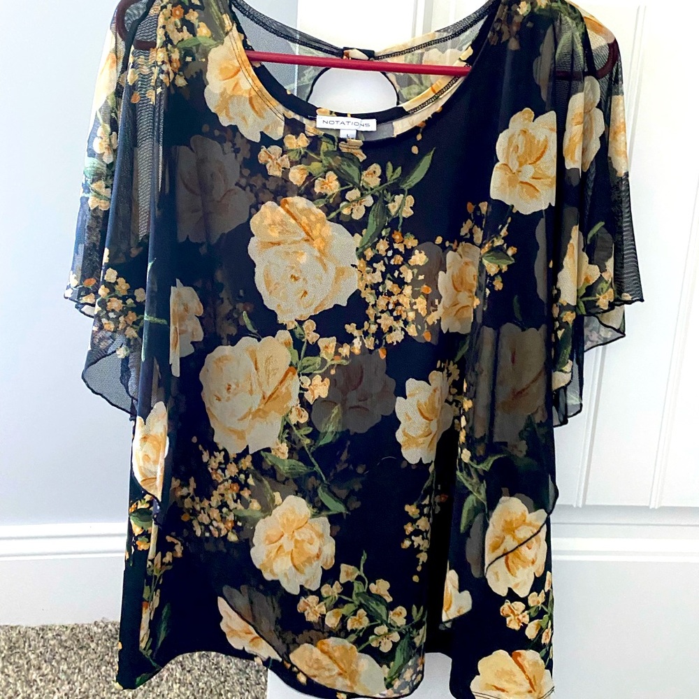 Notations Black floral tank style top with sheer whispy overlay